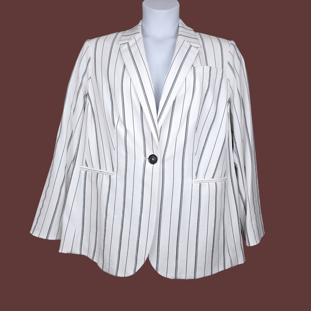 Calvin Klein Womens White Black Striped Single Button Blazer Size 14W NWT
